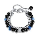 Bracciale Uomo  micro perline di vetro nero con catena doppio giro a maglie cubane in acciaio inossidabile