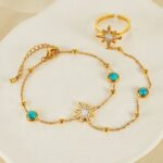 Braccialetto Stellare con anello a dito in acciaio inossidabile con conchiglia madre Turchese dal Design alla Moda